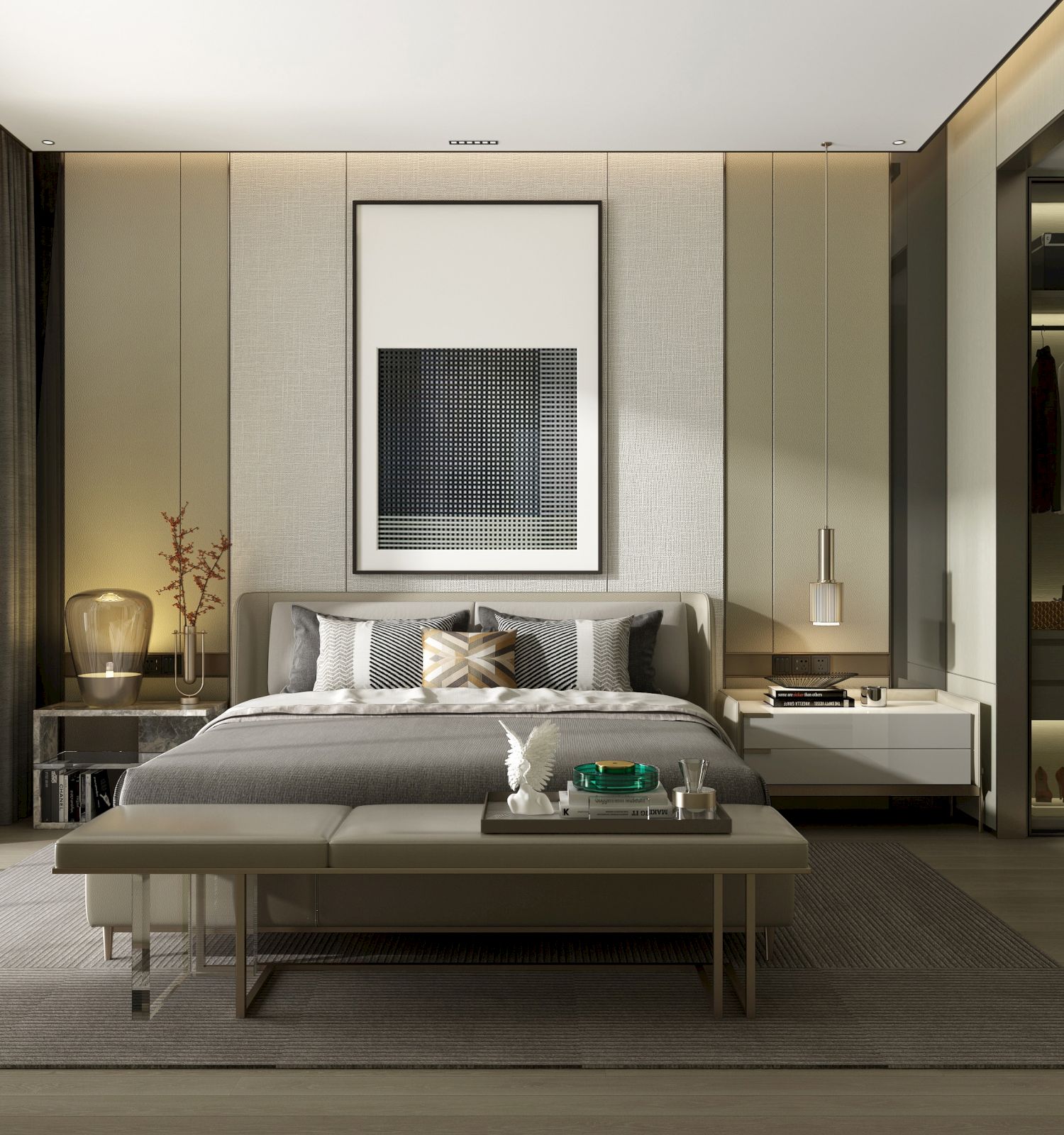 A modern bedroom with a large bed, two side tables, a bench, a wall painting, and an open closet, lit naturally through large glass doors.