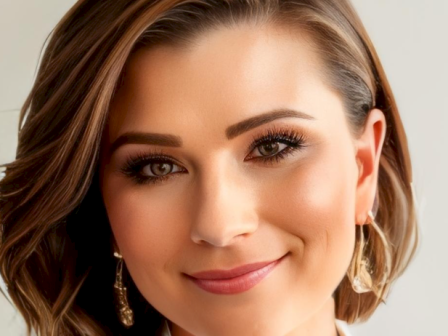 A person with short brown hair, wearing a white blazer, smiles at the camera. They are adorned with earrings and exhibit a professional appearance.